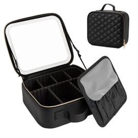 Elite Dance Gear Travel Makeup Bag with LED Mirror, Leather Cosmetic Train Cases with Adjustable Dividers, Makeup Organizer with Makeup Brush Storage Board for Women, Artist and More