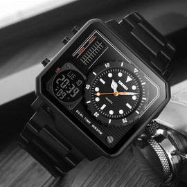 SKMEI Men's Digital Sports Watch LED Square Large Face Analogue Quartz Wrist Watch with Multi-Time Zone Waterproof Stopwatch, Steel Black, 2 x 1.89 x 0.55 inch, Classic, Steel black, Classic