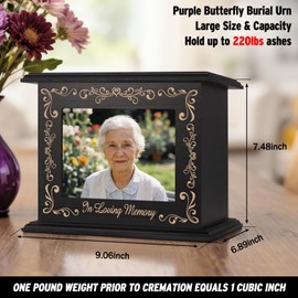 Cremation Urns for Human Ashes Adult Male Female, Hummingbird Memorial Urn with Picture Frame, Wooden Urns Box and Casket for Men Women, Large Funeral Urn for Adults Up to 200 IBS