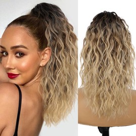 Isaic_hair Claw Long Wavy Ponytail Extension Black Brown 30" Curly Pony Tail Clip in Hair Extensions for Women Fluffy Natural Looking Synthetic braiding hair:_Ombre Brown Mix Blonde Claw clip Pony-18inch_18inch
