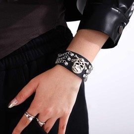 Obmyec Black PU Leather Wristband Punk Rock Bracelets Skull Wrap Bracelet 80s90s Gothic Studded Bracelet for Women men (Cavehead)