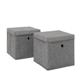 OHS Faux Linen Fabric Storage Box with Lid, Removable Base Collapsible Toy Box Organiser Square Storage Cube Eyelet Easy Packable, Living Room Office Bedroom, Charcoal Grey 2 Pack