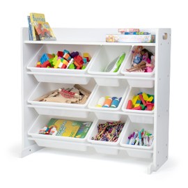 Humble Crew Toy Storage Organizer with Top Shelf and 9 Removable Bins, White/White – Toddler Bookshelf with Toy Organizer - Modern Toy Rack Ideal for Kids' Rooms, Playrooms, and Nurseries