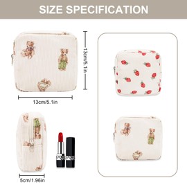 Long Keeper Small Cosmetic Bag Toiletry Bag with Compartments Mini Makeup Bag Strawberry Printing Corduroy Travel Toiletry Pouch for Women Girls Gift (Cute Bear)