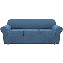 4 Piece Stretch Sofa Covers for 3 Cushion Couch Covers for Living Room Furniture Slipcovers (Base Cover Plus 3 Seat Cushion Covers) Feature Upgraded Thicker Jacquard Fabric (Sofa, Dusty Blue)