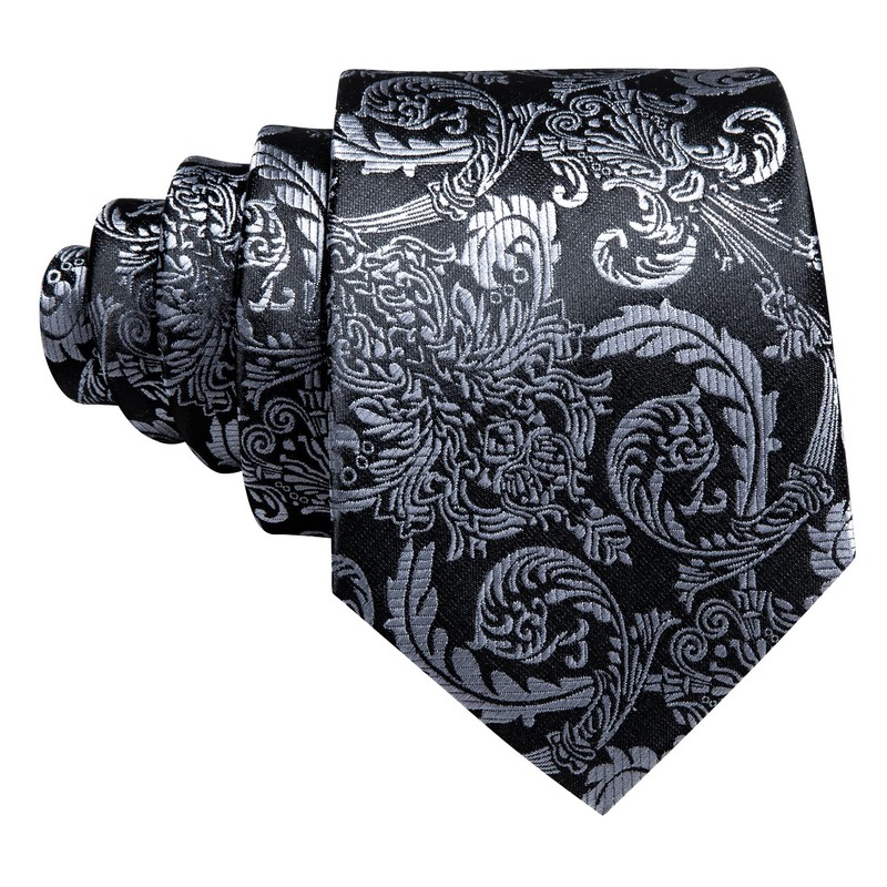 Barry.Wang Mens Silk Paisley Tie Set Black Silver Necktie Pocket