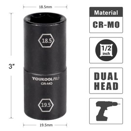 YOUKOOL 1/2-Inch Drive Double Ended Impact Socket, 18.5mm x 19.5mm, 6-Point,Thin Wall Wheel Protector Nut Socket, Made from Robust and Anti-Corrosive Steel, Precise Laser-Etched Size Markings