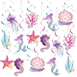 SUNBEAUTY Pack of 30 Mermaid Birthday Decoration Iridescent Mermaid Seahorse Seashell Starfish Hanging Decoration Children's Birthday Decoration Underwater World Party Accessories