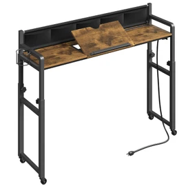 Overbed Table with Wheels, Height Adjustable, Recliner Table with Charging Station and Laptop Stand, Rolling Table with Storage and Cup Holder, Side Table for Living Room, Bed Room, Rustic Brown