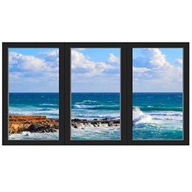 VWAQ - 3D Beach View Office Window Wall Decal Sticker Peel and Stick Ocean Scene Mural - OW14 (13" H X 22" W)