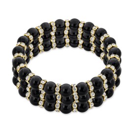 Bling Jewelry Set of 3 Black Ball Bead Stackable Strand Stretch Bracelet for Women White Crystal Rondelle Spacer Gold Plated Brass