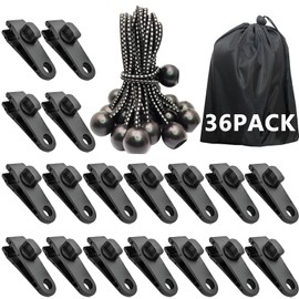 LUYADIN 36 Pack - 18 Pcs Tarp Clips & 18 Pcs Ball Bungee Cords, Heavy Duty Tarp Clamps for Tent Awnings Caravan Canopies Car Cover Swimming Pool Cover Boat Cover Fasteners Clips (36 Pack)