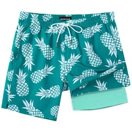 SURF CUZ Mens Swim Trunks with Compression Liner 7" Swimming Trunks Quick Dry Swim Shorts Stretch Bathing Suit Board Shorts Zipper Pockets Green White Pineapple Large