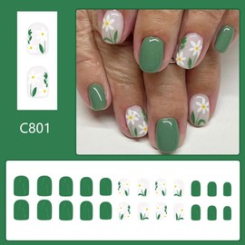 Green Press on Nails Short Square Fake Nails with Design White Flower Glue on Nails Floral Stick on Nails Glossy Spring Nails Reusable Summer False Nails for Women Girls Manicure 24pcs