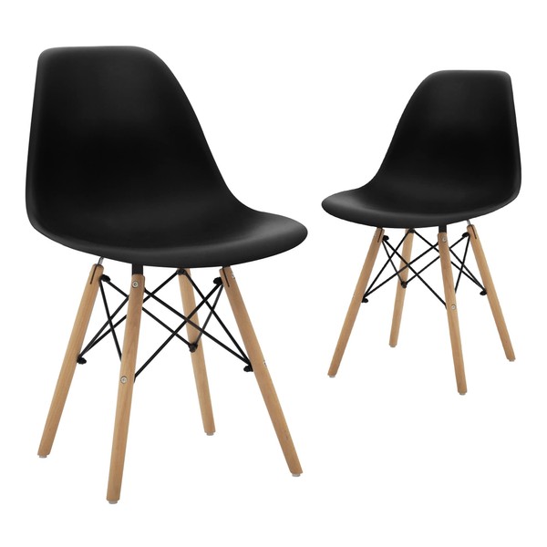CangLong Modern Mid-Century Shell Lounge Plastic DSW Natural Wooden Legs for Kitchen, Dining, Bedroom, Living Room Side Chairs, Set of 2, Black