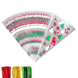 HONGCI 100Pcs Christmas Patterned Cone Cellophane Bags with 100Pcs Twist Ties,Cellophane Cone Plastic Cone Bags,Treat Candy Bags for Christmas Party Festival Favor