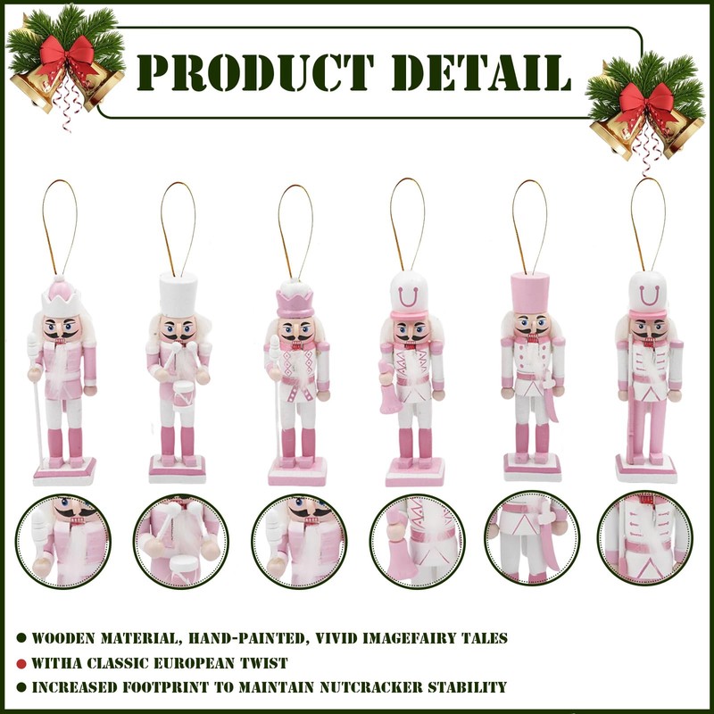 6pcs 12cm Pink Wooden Christmas Nutcracker Soldier Ornaments, Christmas Tree