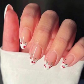 Mkwntg White French Tip Press on Nails Medium Almond Fake Nails Nude Pink Artificial Nails White French Nail Tips with Cherry Design Full Cover False Nails for Women Girls Acrylic Nail Art Kit 24Pcs