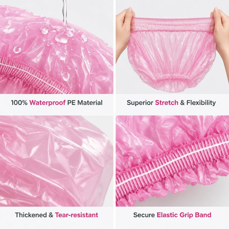 50Pcs Disposable Shower Caps, Waterproof Plastic Bath Hair Caps (Pink)