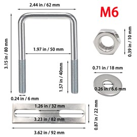 duoyif U-bolts M6 4 pieces M6 bolts U U-bolts 80 x 50 mm, square U-bolt stainless steel, U-bolt with nuts frame plate round washers, U bolts for pipe diameter under 50 mm