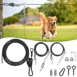 SIVEIS Dog Runner for Yard, 50FT Overhead Dog Zip Line Trolley System, 10FT & 16FT Tie Out Cables for 1 or 2 Small to Medium Dogs, Self-Locking Tensioner, Outdoor Dog Run Cable, Up to 50 lbs Total