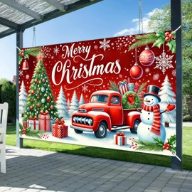 BlissYard Merry Christmas Banner Red Truck Christmas Tree Snowman Gifts 71x43 Inch Holiday Decorations for Indoor Outdoor Party Supplies Xmas Home Decor Winter Celebration Backdrop