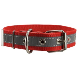 Cotton Web/Leather Reflective Dog Collar 24" Long 1.5" Wide Fits 16"-22" Neck, Pitbull, Cane Corso