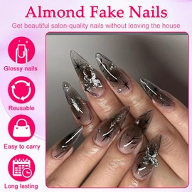 24Pcs Gothic French Press on Nails, Long Almond False Nails with Silver Butterfly Rhinestones, Acrylic Full Cover Stick on Nail, Removable Glue-on Fake Nails for Women and Girls Manicure Decoration