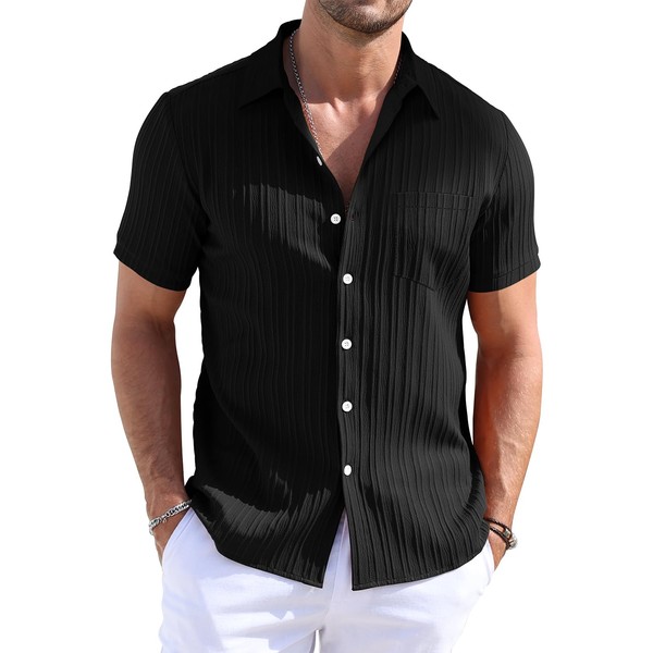 TUREFACE Black Button Up Shirts for Men Short Sleeve Casual