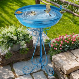 Decorative Large Bird Bath for Outside with Stand,18" Diameter cast iron Birdbaths Bowl,Metal Pedestal Garden Decor Vintage Bird Baths for Outdoors with Food Tray,Anti-Rust Coating (Sky Blue)