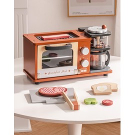ROBOTIME Play Kitchen Toys Accessories - Wooden Breakfast Machine Kitchen Toy for Kids with Coffee Maker and Pretend Play Food Sets - Kitchen Playset Appliances Toy for Toddlers (Caramel)