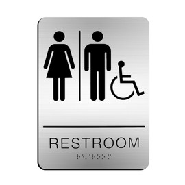 ZWIN Restroom Sign for Business ADA Compliant Braille Bathroom Sign 8.27" H x 5.9" W Unisex Handicap Toilet Door Sign with Self Adhesive Back, Brushed Surface Toilet Signage, Silver