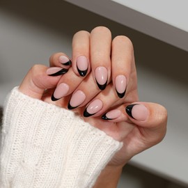 SXVME Black French Tip Press On Nails Almond - Acrylic Press On Nails Medium Stiletto, French Nude Fake Nails with Glue, Fit Perfectly, Reusable Soft Gel Stick on Nails for Women, 30 Pcs