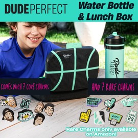 Dude Perfect Water Bottle and Lunch Box Combo with Rare Charms | Bento Box Removable Inner Tray | 24 Oz Stainless Steel Vacuum Insulated | NOGGZ for Custom Carry Straps | Sports Grip Kids