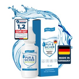 AGUALEVE® Antichlorine, 15 ml for 150 l water, neutralises chlorine in drinking water, perfect for travel and after water disinfection tablets, brand quality, made in Germany, tested with grade 1.2