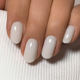 White Press on Nails Short Almond Sparkly Fake Nails False Nails with Glitter Designs Natural Nails Reusable Solid Colour Glossy Glue on Nails Acrylic Nails for Women Girls 24Pcs