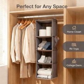 4-Tier Hanging Closet Organizer, Foldable Shelves, Grey for Dorm RV
