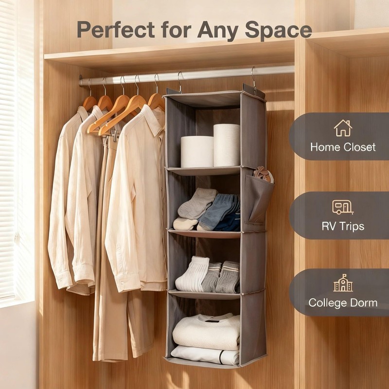 4-Tier Hanging Closet Organizer, Foldable Shelves, Grey for Dorm RV