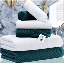 Towels for Bathroom - 100% Cotton | Quick Dry | Lightweight | Thick | Soft, 6 Piece Towel Set, 2 Large Bath 30"x56", 2 Hand 18"x28", 2 Wash Cloths 13"x13", Bathroom Decor Set, Deep Turquoise and White