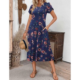 Zeagoo Ladies Summer Dresses Short Sleeve Midi Dresses with Pockets Women Floral Boho Dress Pleated A Line Dress, Navy Flower,S