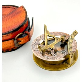 Vintage Sundial with Leather Box - Gift for him - Engraved Compass Birthday Gift - Brass Sundial Compass - Camping & Hiking Gift