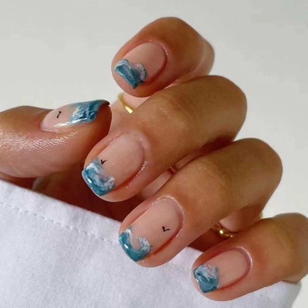 Foccna Glossy French Tip Press on False Nails-Tips Short Square