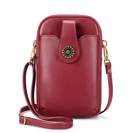 Peacocktion Crossbody Cell Phone Bag for Women, Small Leather Shoulder Handbag Purse with Credit Card Slots, Wine Red