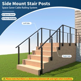 Gyykzz 2 Pack Side Mount Stair Cable Railing Post 36" (Post Body 44"), Left Side Space-Saving Fascia Mount Deck Post for 36"-38" Stair Railing, Black Stair Handrail Post for Indoor Outdoor Stairway