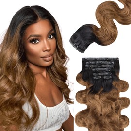 Lashey Clip-In Real Hair Extensions Ombre Natural Black to Medium Auburn Wavy Seamless Clip-In Hair Extensions 110 g 7 Pieces Remy Human Hair 55 cm (22 Inches)