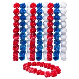 Fun Express 3 Ft. Patriotic Pom Pom Red, White & Blue Plastic Leis - 12 Pieces