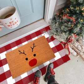 Christmas Door Mat Combo Set, 100% Coco Coir Welcome Mat + 28 x 43 Inches Red and White Plaid Rug - New Year Holiday Christmas Deer Collection Doormat for Front Porch Entryway Decor