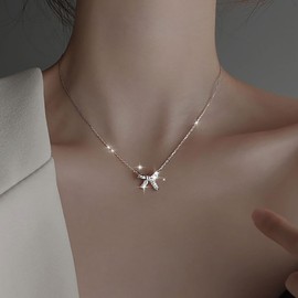 Boho Thin Silver Chain Necklace Dainty Cz Bow Necklace Crystal Bow Tie Fine Necklace Bowknot Choker Thin Necklace Rhinestone Bow Pendant Necklace Minimalist Necklace Jewelry for Women and Girls