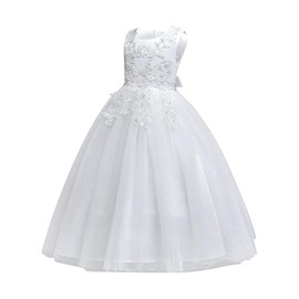 Flower Girls Vintage Embroidery Sequin Lace Wedding Dress Kids Bridesmaid Pageant Birthday Party Princess Long Formal Prom Ball Gown First Communion Evening Dance Tulle Maxi Dress White 7-8