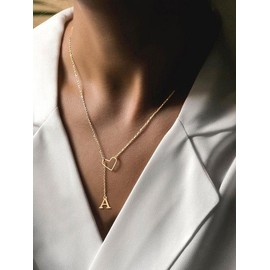 Letter & Hollow out Heart Design Pendant Necklace, Simple Style Stainless Steel Matching Jewelry for Women and Girls, Casual Versatile Accessories for Dates, Parties and Daily Wear - Color: Golden, Specification: C